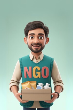 3D rendering of a smiling man holding a box of supplies for an NGO