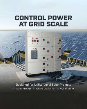 Large electrical power distribution cabinet installed in a utility-scale solar farm