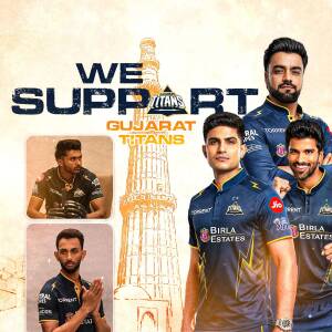 Gujarat Titans cricket players posing for a promotional poster with Delhi Qutub Minar background
