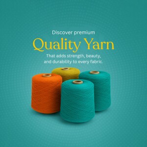 Four spools of colorful yarn - orange, yellow, teal - on a textured background with text promoting quality yarn.