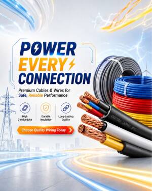 A marketing flyer showcasing premium electrical wires and cables with a background featuring power lines and glowing streaks
