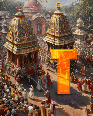 A vibrant illustration depicting the Rath Yatra festival with ornate chariots and a large crowd of devotees.