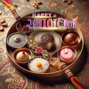 Raksha Bandhan thali with sweets, rakhi, and diya