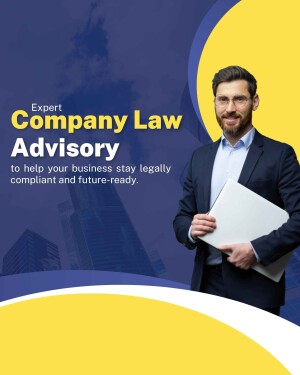 A professional man in a suit holding a folder with text about company law advisory.