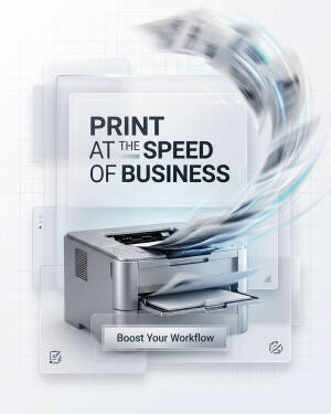 A high-speed laser printer with documents flying out of it, marketing promotional graphic