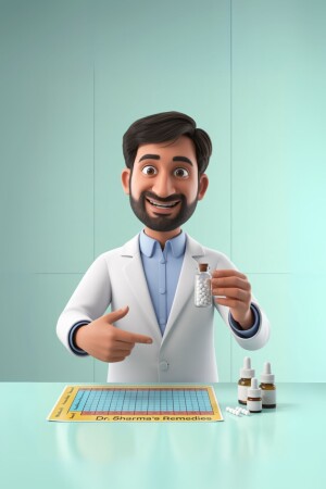 Cartoon doctor pointing to a bottle of pills