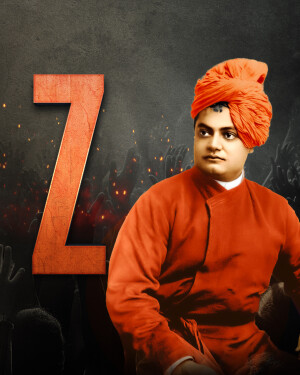 Portrait of Swami Vivekananda with a large red letter Z in the background