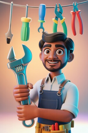 Cartoon illustration of a smiling handyman with tools