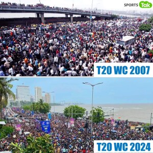 Crowds celebrating India's T20 World Cup wins in 2007 and 2024