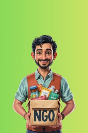 Illustration of a young man holding a box labeled 'NGO' filled with supplies.