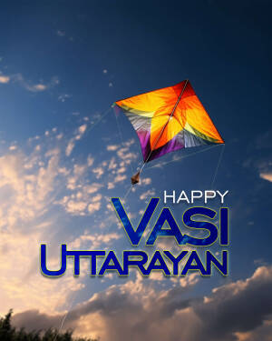 Colorful kite flying in a blue sky with clouds and text 'Happy Vasi Uttarayan'