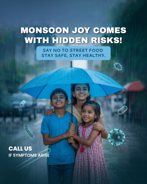 Children under an umbrella during monsoon with health warning