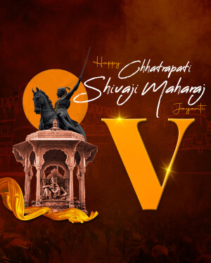 Image of Chhatrapati Shivaji Maharaj on horseback with a large 'V' and a sun in the background