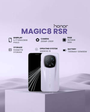 Honor Magic 8 RSR smartphone with specifications listed on a light purple background