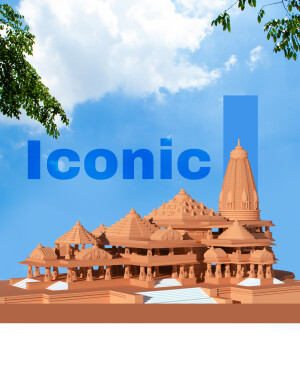 A 3D model of the Ram Mandir against a blue sky