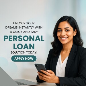 Woman smiling while using a smartphone and laptop, promoting a personal loan.