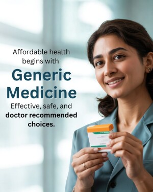 Woman holding medication with text promoting generic medicine