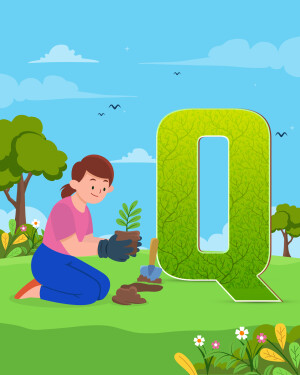 Illustration of a girl planting a seedling next to a large letter Q made of leaves.