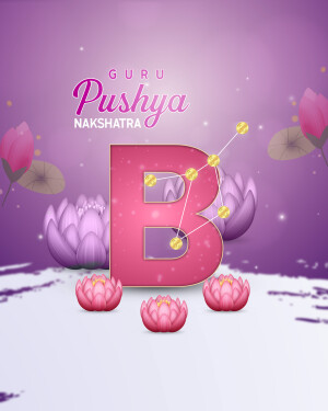 Graphic illustration of the letter 'B' with lotus flowers and constellation for Pushya Nakshatra