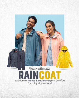 Couple wearing raincoats with various raincoat options displayed