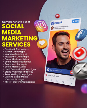 Image depicting social media marketing services with icons and a person on a phone screen.