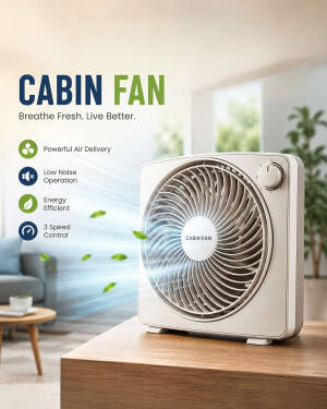 A white square Cabin Fan sitting on a wooden table with icons showing features like powerful air delivery and low noise operation.