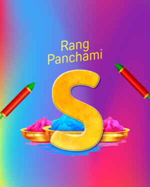 Rang Panchami festival graphic with colorful powder and a large letter S