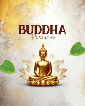 Image of Buddha meditating on a lotus flower with the text 'Buddha Purnima'