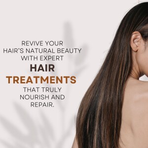 Woman with long, healthy hair and text promoting hair treatments.