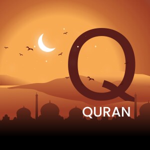 Letter Q with a crescent moon and mosque silhouette representing the Quran
