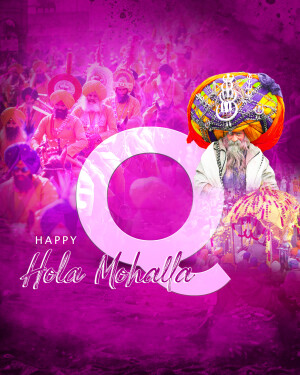 Image depicting a festive Hola Mohalla celebration with a large turbaned figure and a prominent 'Q' symbol.