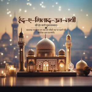 Eid-e-Milad-un-Nabi greeting with mosque and decorations