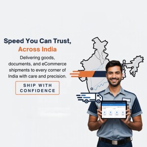 Delivery man with tablet and India map