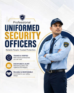 A professional security officer in uniform standing with arms crossed next to text about security services