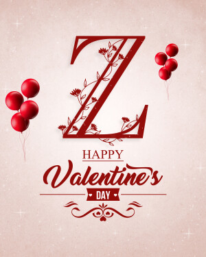 Red letter Z with balloons and floral accents for Valentine's Day