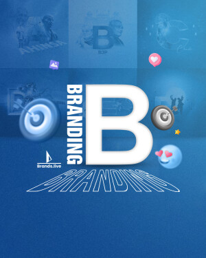 Collage of branding elements and social media icons with a large letter B