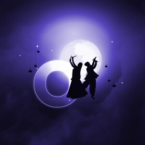 Silhouette of a couple dancing in front of a full moon