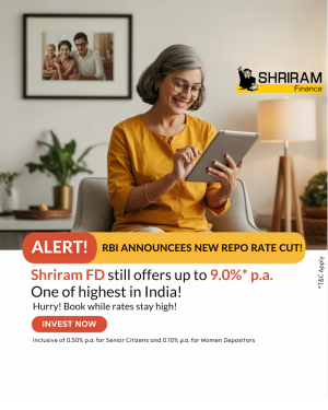 Woman using a tablet with Shriram Finance advertisement