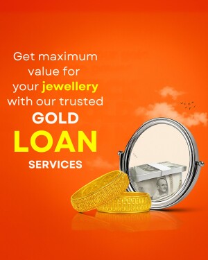 Image promoting gold loan services with gold jewelry and money reflected in a mirror.
