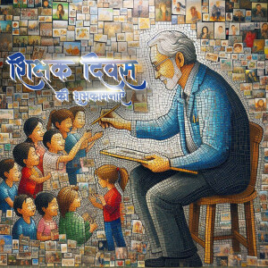 Mosaic image of an artist drawing with children, with smaller portraits forming the background.