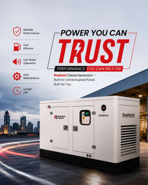 A white industrial Radiant diesel generator placed on a concrete ground against a city skyline background.