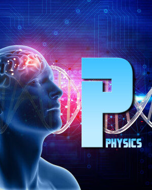 Digital illustration of a human brain with DNA strands and the letter 'P' for Physics.