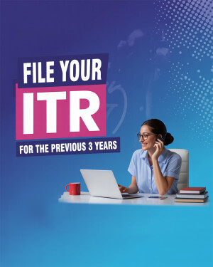 Woman working on laptop with text 'File Your ITR for the Previous 3 Years'