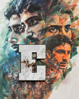 Abstract movie poster featuring multiple portraits and a large letter 'E'