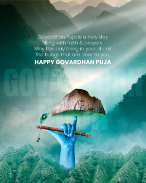 Govardhan Puja greeting with Lord Krishna and Govardhan Hill