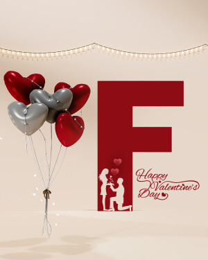 Red and silver heart-shaped balloons with a large red letter 'F' and a couple silhouette for Valentine's Day.