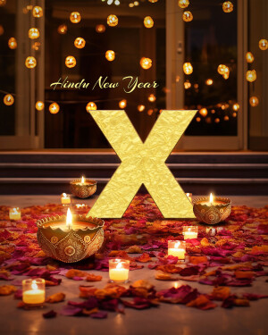 Golden 'X' with candles and flower petals for Hindu New Year