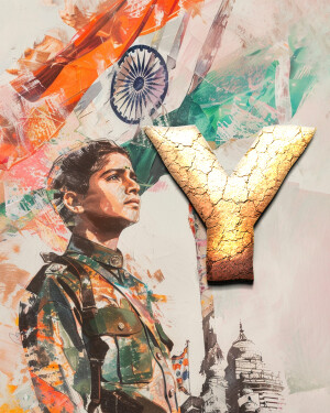 Portrait of an Indian Army soldier with a golden letter Y superimposed on a background of the Indian flag and a temple.