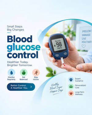 A person using a blood glucose monitor with icons for diet, exercise, and medical care advice.