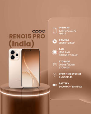 Oppo Reno15 Pro smartphone displayed with technical specifications against a brown background